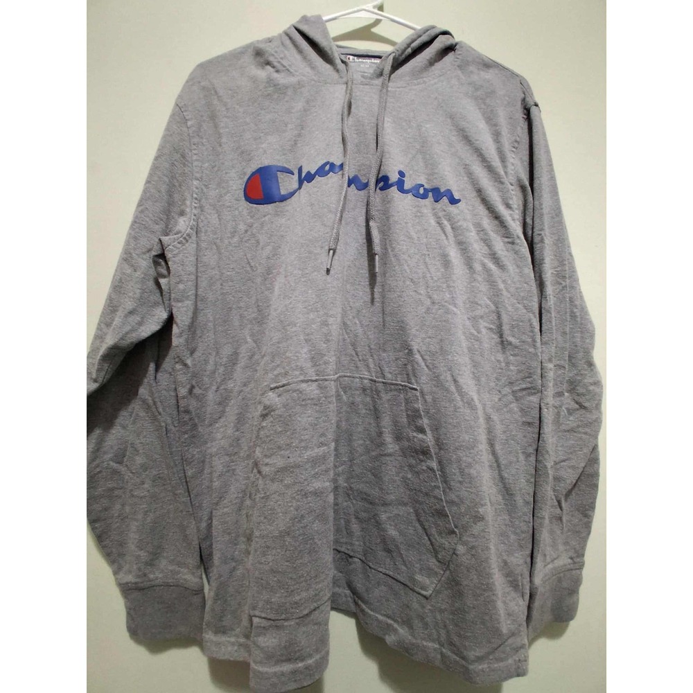 Champion Gray Logo Hoodie Mens Size M/M Pullover Long Sleeve Sweatshirt Casual